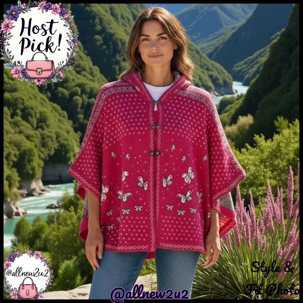 Natural Style Woman’s Wool Hooded Poncho Sweater Pink Butterfliess